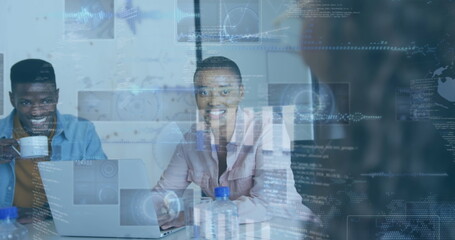 Image of financial data processing over diverse business people