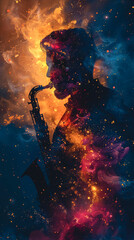 Silhouette of a saxophonist on a space background. - obrazy, fototapety, plakaty