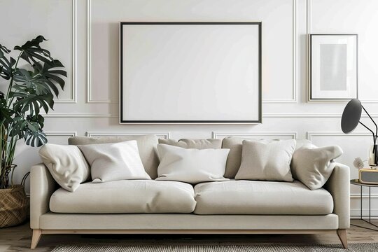 Blank square decorative art transparent frame mock-up living room interior, modern interior background. Beautiful simple AI generated image in 4K, unique.