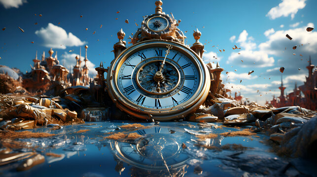 Vintage clock in the ruins of the ancient city. 3d illustration