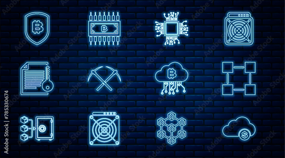 Poster set line cryptocurrency cloud mining, blockchain technology, processor, crossed pickaxe, smart contr