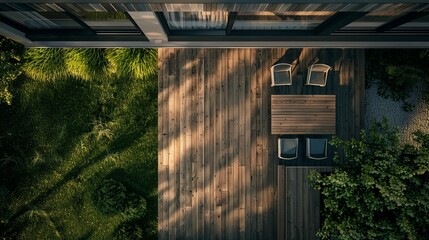 Drone view of the wooden terrace of a modern house amidst a green forest