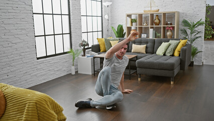 A young hispanic man stretches in a modern living room, implying a healthy lifestyle within a...