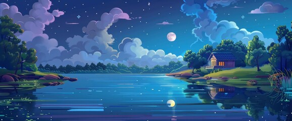 A serene lakeside scene under the moonlight, with clouds and stars in the sky, featuring a house on an island surrounded by trees and grassy areas.