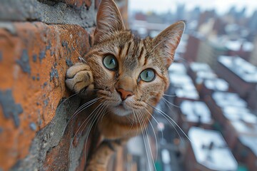 Cat Peeking Behind Brick Wall