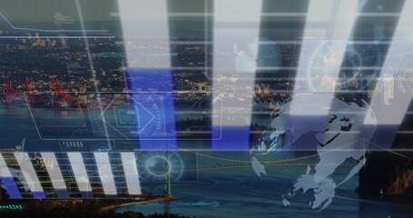 Image of round scanners and data processing against aerial view of cityscape