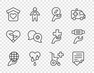 Set line Hand holding Earth globe, Envelope with heart, Donation charity, Blood donation, Shelter for homeless, Dialogue doctor, Wheelchair disabled person and Medical protective mask icon. Vector