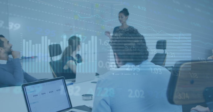 Image of stock market data processing over african american woman giving presentation at office - Powered by Adobe