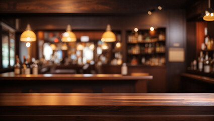 A wooden bar with bottles on shelves behind it - obrazy, fototapety, plakaty