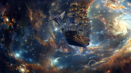 Naklejka premium Deep space travel using a pirate ship