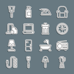 Set line Blender, Radio, Clock, Electric iron, Laptop, Vacuum cleaner, Paint brush and Trash can icon. Vector