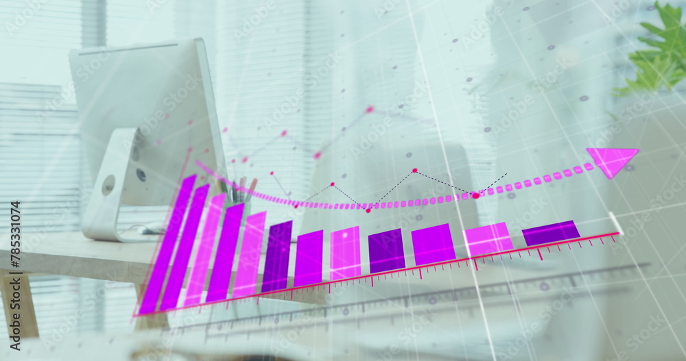 Poster image of statistical data processing against close up of equipment on office desk