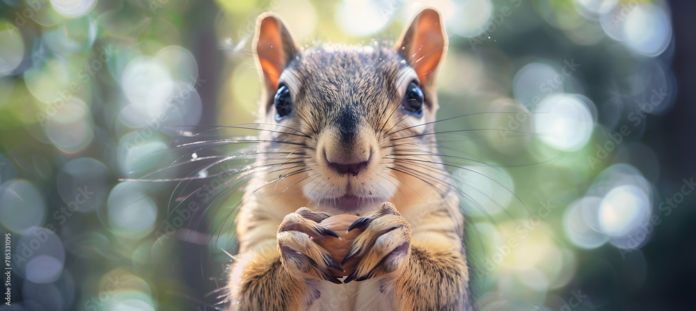 Poster Squirrel: A squirrel captured eating a nut, using a shallow depth of field to focus on its busy hands and alert eyes, set against a blurred park background with copy space