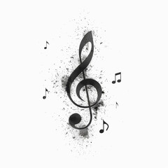 Simple icon of treble key, black ink with splashes on white background.