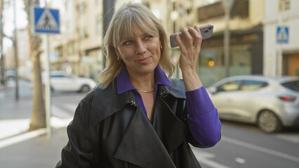 A blonde woman listens to a voice message on her smartphone on a city street, embodying urban...