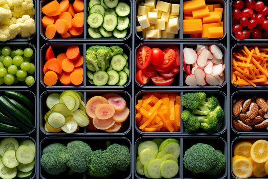 Catering service. Balanced healthy meal ready to eat at work. Food prepared to eat at office. Lunch in container for office worker. Having lunch at work. Healthy office box with sliced vegetables