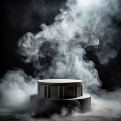 mystery and allure with an empty podium engulfed in swirling dark smoke, offering a dynamic product...