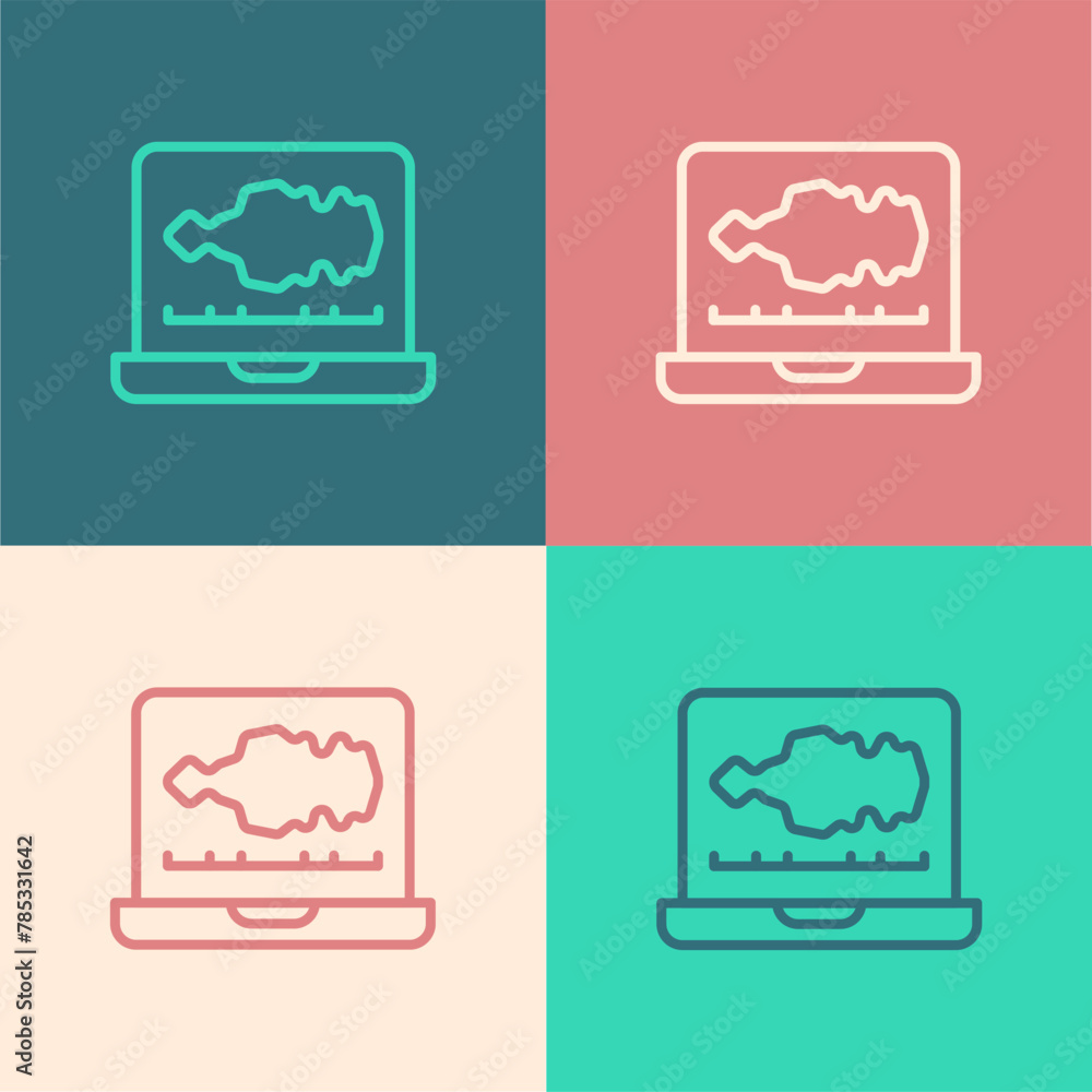 Poster pop art line sound or audio recorder or editor software on laptop icon isolated on color background.