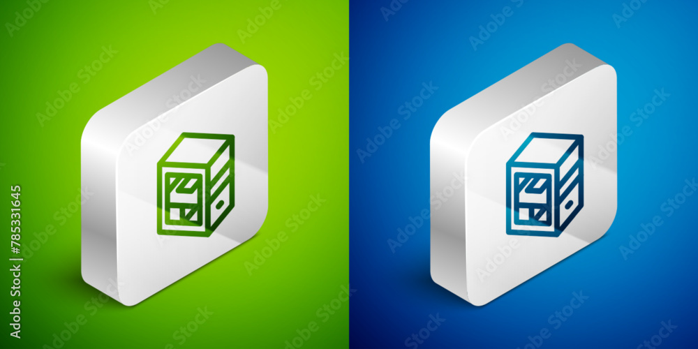 Poster isometric line computer icon isolated on green and blue background. pc component sign. silver square
