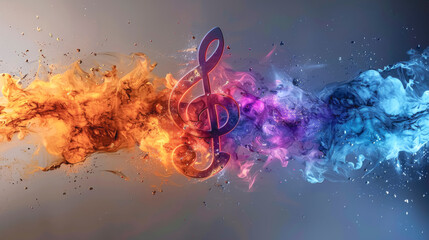Musical treble clef on a colorful abstract watercolor background. - obrazy, fototapety, plakaty