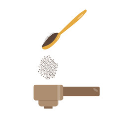 The process of preparing aromatic coffee in a coffee machine. Ground coffee is poured into the holder. Vector