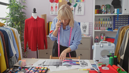 A blonde woman examines fabric swatches while talking on the phone in a bustling tailor shop.