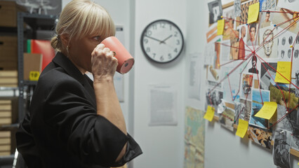 A blonde woman investigates crime at the police station, examining a board of clues while sipping coffee. - obrazy, fototapety, plakaty