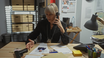 A caucasian woman detective in an office talks on a phone, with a gun, evidence, and case board in...