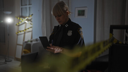 A policewoman investigates a crime scene indoors, marked by caution tape, while taking notes on a...