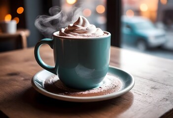 A Steaming Mug Of Hot Cocoa On A Cozy Cafe Table