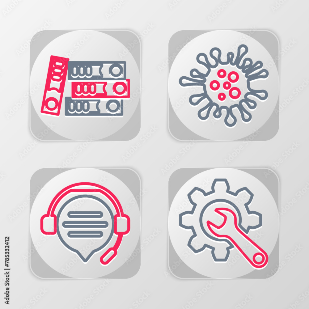 Poster Set line Wrench and gear, Headphones with speech bubble chat, Bacteria and Office folders icon. Vector