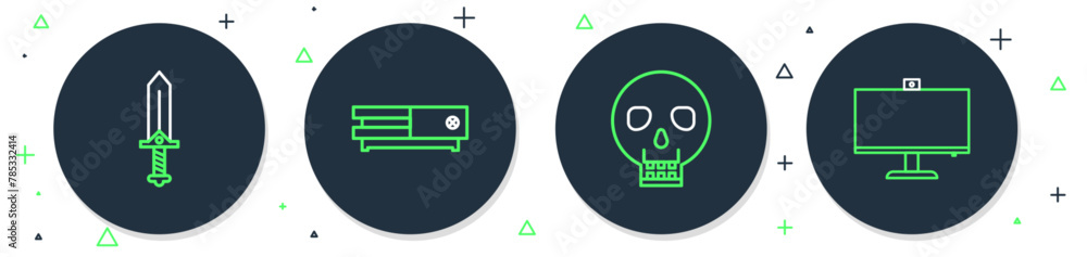 Poster set line video game console, skull, sword for and computer monitor icon. vector