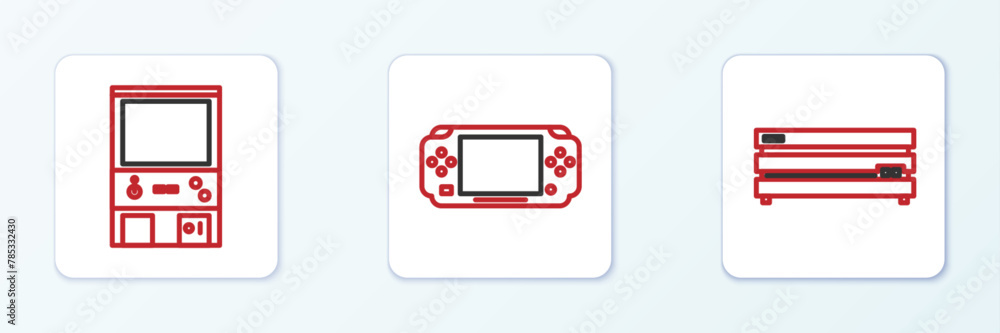 Aufkleber set line video game console, retro arcade machine and portable video icon. vector