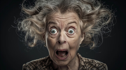 A woman with very long hair and a very surprised expression. The hair is so long that it is almost touching her face. An older looking woman looks a bit crazy whit shocked face