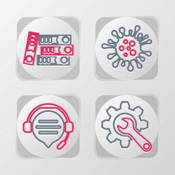 Set line Wrench and gear, Headphones with speech bubble chat, Bacteria and Office folders icon. Vector