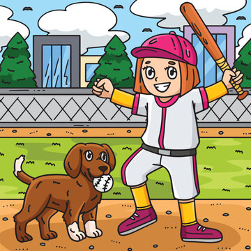 Girl Playing Baseball with a Dog Colored Cartoon 