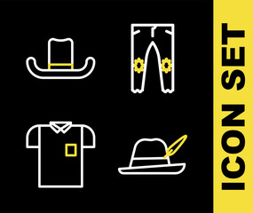 Set line Pants, Oktoberfest hat, Polo shirt and Man icon. Vector