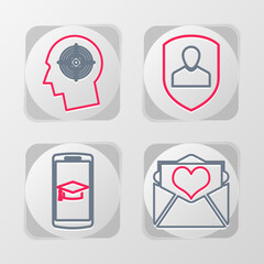 Set line Envelope with Valentine heart, Graduation cap on mobile, User protection and Head hunting concept icon. Vector