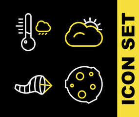Set line Sun and cloud, Moon, Cone meteorology windsock wind vane and Meteorology thermometer icon. Vector