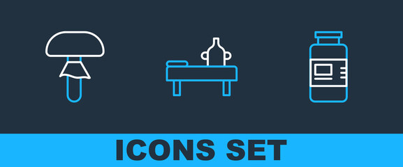 Set line Collagen serum, Mushroom and Massage table with oil icon. Vector