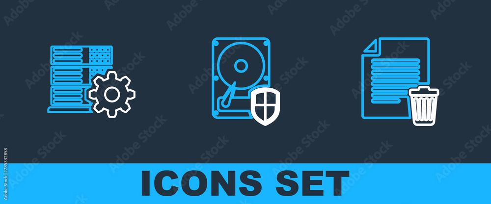 Poster set line delete file document, server setting and hard disk drive hdd protection icon. vector
