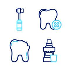 Set line Mouthwash bottle, Broken tooth, Tooth with caries and Toothbrush icon. Vector
