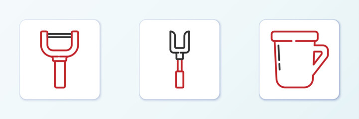 Set line Coffee cup, Peeler and Barbecue fork icon. Vector