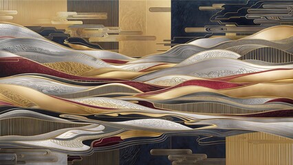 A painting featuring abstract elements with a distinctive Japanese artistic style - obrazy, fototapety, plakaty