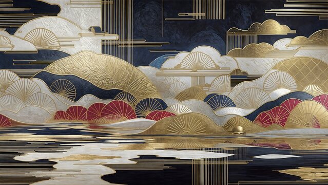 A painting featuring intricate gold and red designs inspired by Japanese art