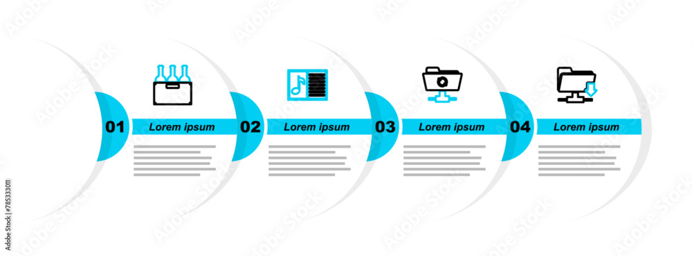 Poster set line ftp folder download, sync refresh, music book with note and bottles of wine in box icon. ve