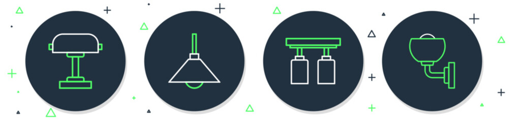 Obraz premium Set line Lamp hanging, Led track lights and lamps, Table and Wall or sconce icon. Vector