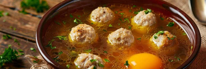 Chicken Soup with Meatballs, Clear Sturdy Seasoned Broth with Turkey Meat Balls, Boiled Quail Egg