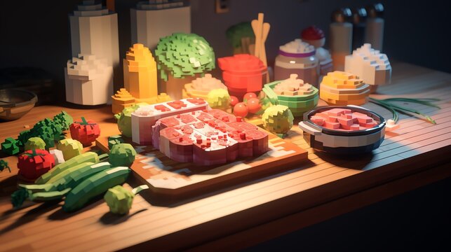 Bring the art of cooking to life through a series of voxel art creations, showcasing intricate culinary details with an innovative twist Play with light and shadows to evoke a sense of depth