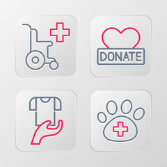 Set line Veterinary clinic, Clothes donation, Donation and charity and Wheelchair for disabled person icon. Vector